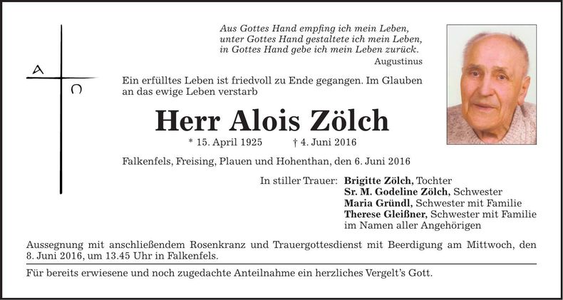 Traueranzeige Alois Zölch