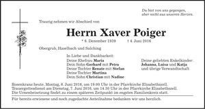 Traueranzeige Xaver Poiger
