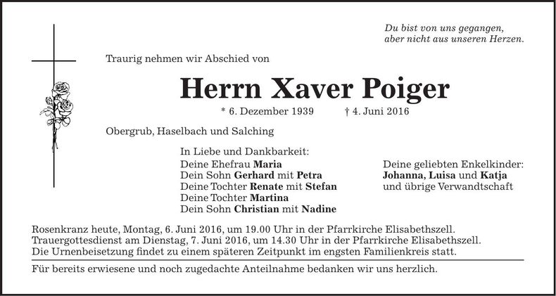 Traueranzeige Xaver Poiger