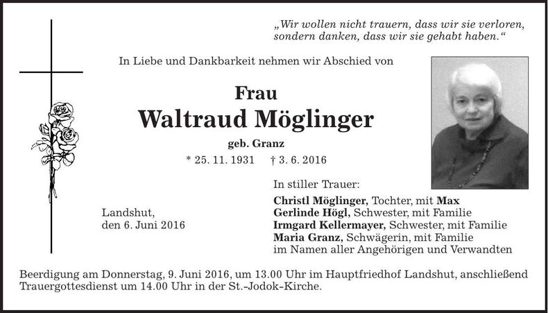 Traueranzeige Waltraud Möglinger