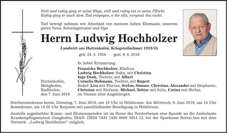 Traueranzeige Ludwig Hochholzer