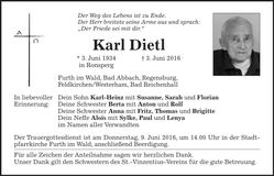 Traueranzeige Karl Dietl