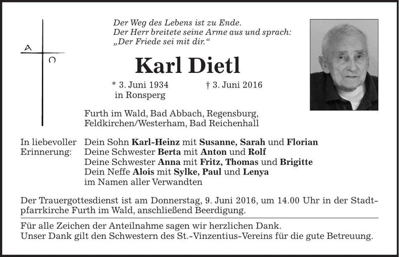 Traueranzeige Karl Dietl