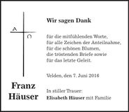 Traueranzeige Franz Häuser