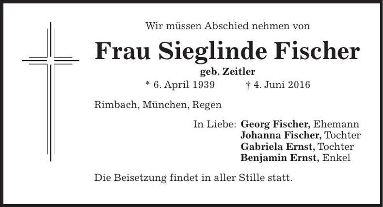 Traueranzeige Sieglinde Fischer