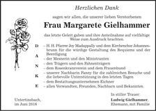 Traueranzeige Margarete Gielhammer