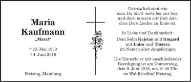 Traueranzeige Maria Kaufmann