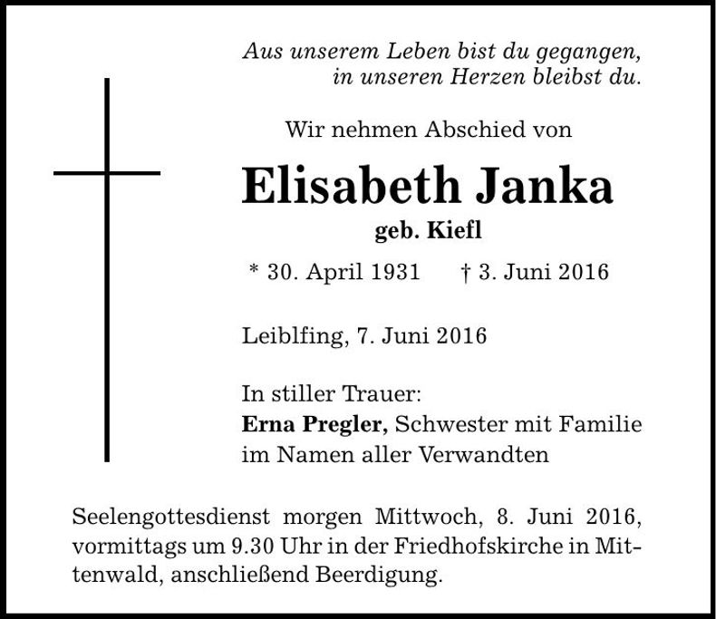 Traueranzeige Elisabeth Janka