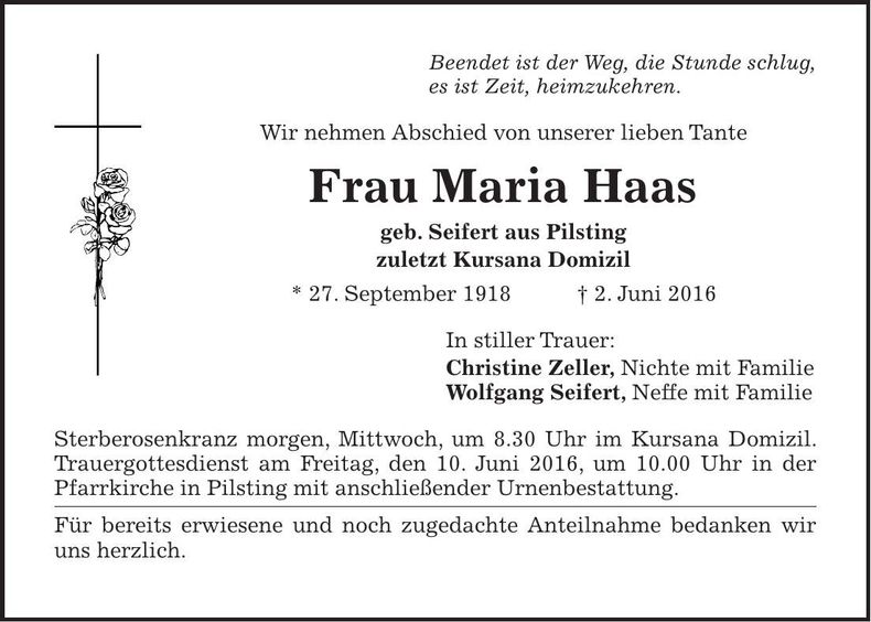 Traueranzeige Maria Haas