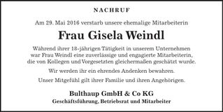 Traueranzeige Gisela Weindl