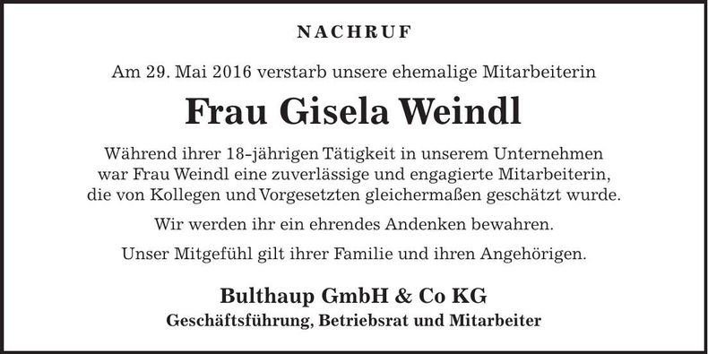 Traueranzeige Gisela Weindl