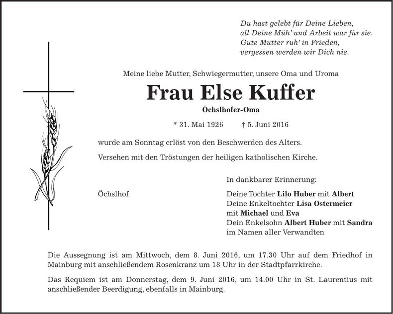 Traueranzeige Else Kuffer