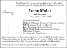 Traueranzeige Irene Maier