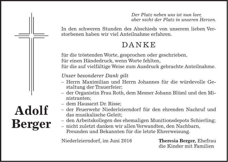 Traueranzeige Adolf Berger