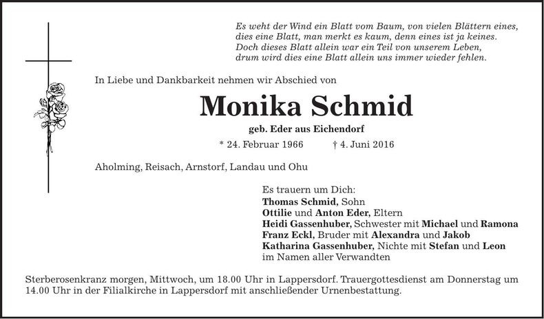 Traueranzeige Monika Schmid