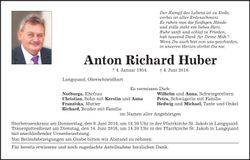 Traueranzeige Anton Richard Huber