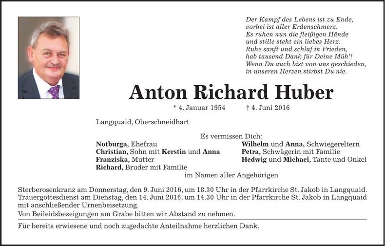 Traueranzeige Anton Richard Huber