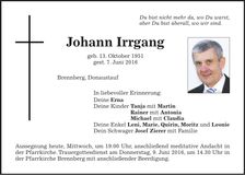 Traueranzeige Johann Irrgang