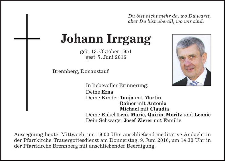 Traueranzeige Johann Irrgang