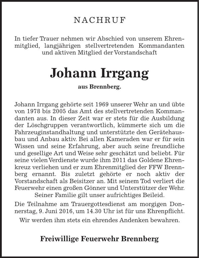 Traueranzeige Johann Irrgang