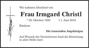 Traueranzeige Irmgard Christl
