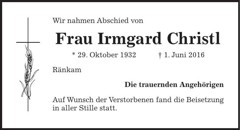 Traueranzeige Irmgard Christl