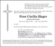 Traueranzeige Cäcilia Hager