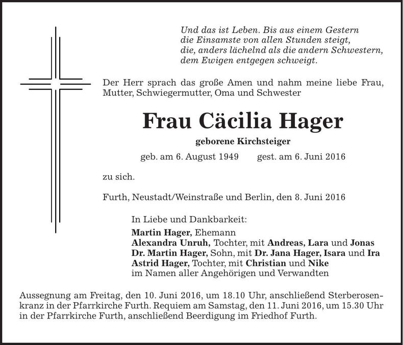 Traueranzeige Cäcilia Hager
