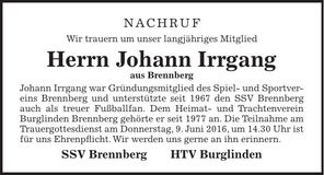 Traueranzeige Johann Irrgang
