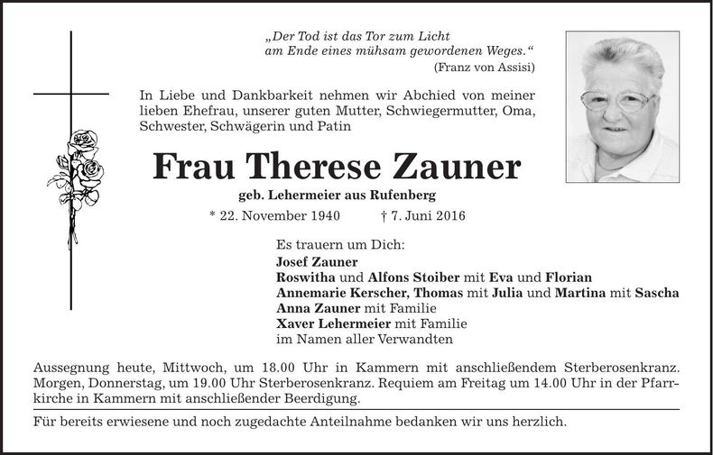 Traueranzeige Therese Zauner