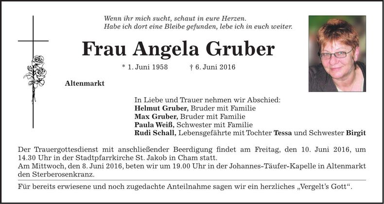 Traueranzeige Angela Gruber
