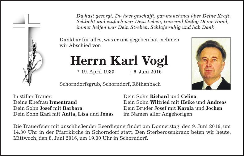 Traueranzeige Karl Vogl