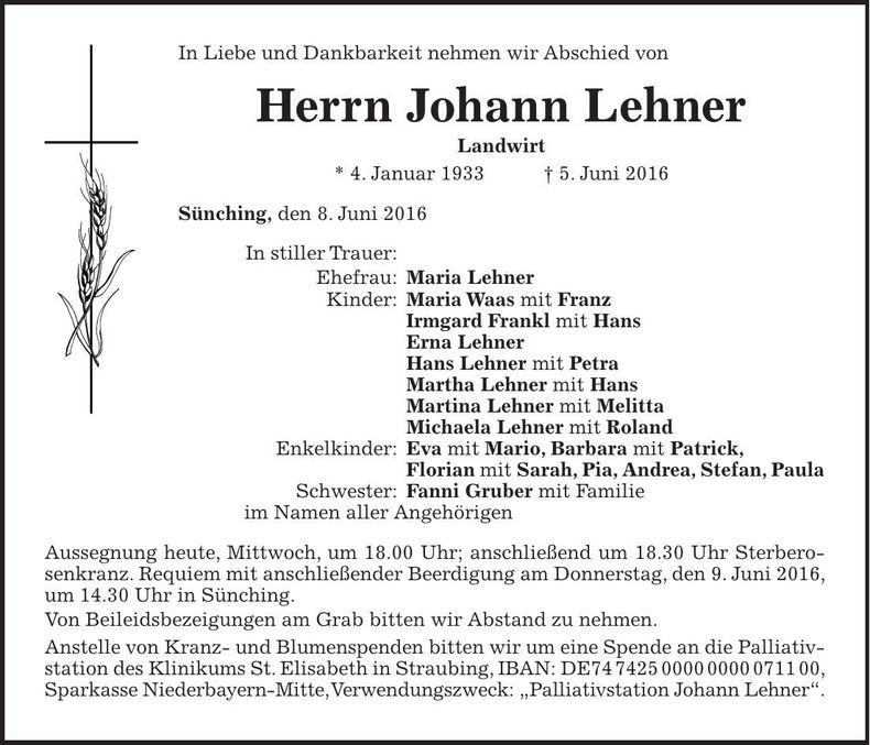 Traueranzeige Johann Lehner