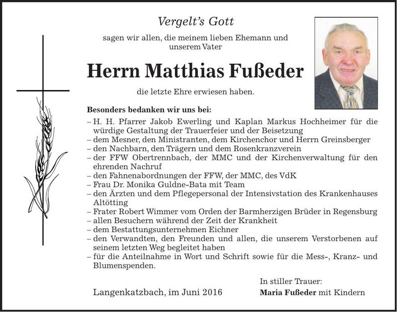 Traueranzeige Matthias Fußeder