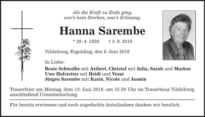 Traueranzeige Hanna Sarembe