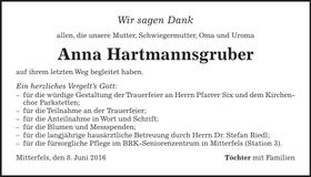 Traueranzeige Anna Hartmannsgruber