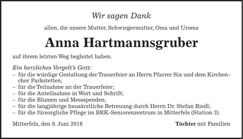 Traueranzeige Anna Hartmannsgruber
