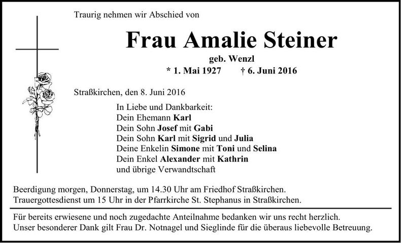 Traueranzeige Amalie Steiner