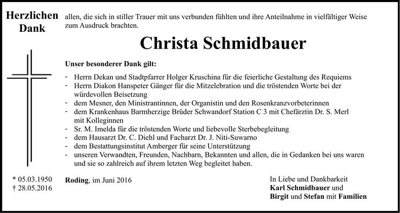 Traueranzeige Christa Schmidbauer