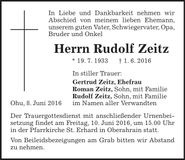 Traueranzeige Rudolf Zeitz