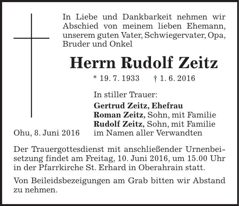 Traueranzeige Rudolf Zeitz