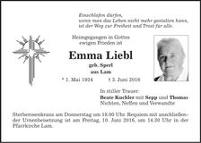 Traueranzeige Emma Liebl