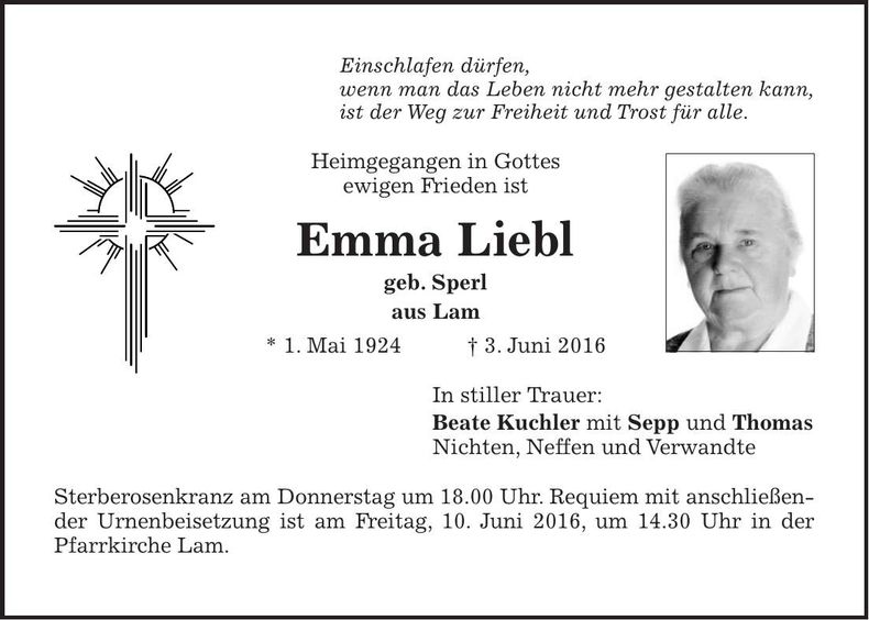 Traueranzeige Emma Liebl