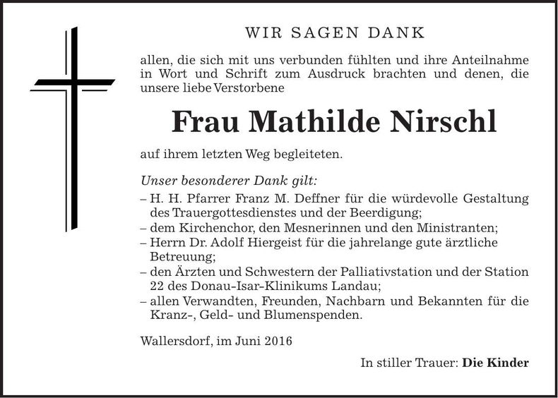 Traueranzeige Mathilde Nirschl