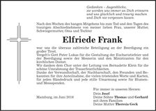Traueranzeige Elfriede Frank