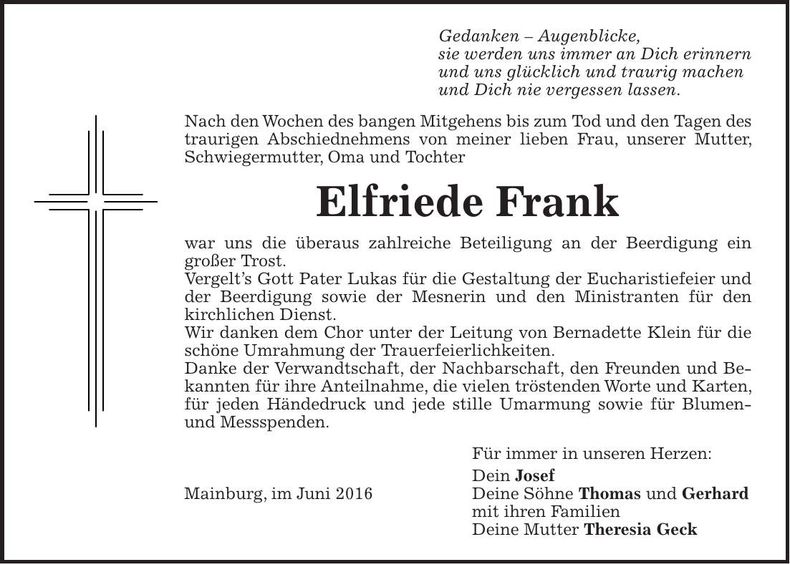 Traueranzeige Elfriede Frank