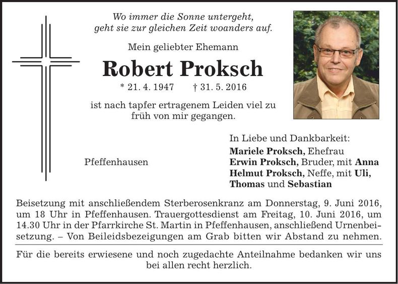 Traueranzeige Robert Proksch