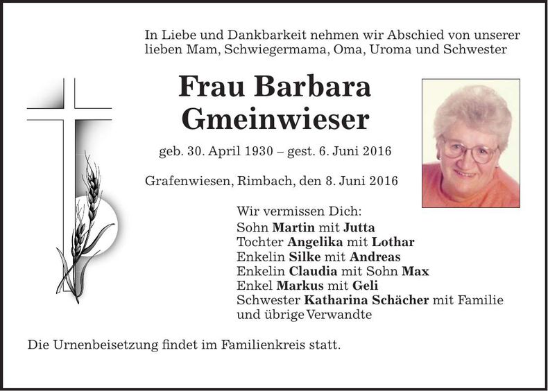 Traueranzeige Barbara Gmeinwieser