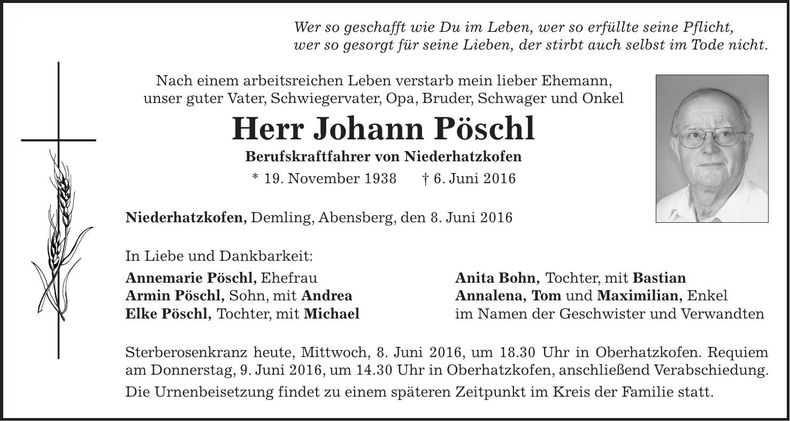 Traueranzeige Johann Pöschl