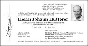 Traueranzeige Johann Hutterer
